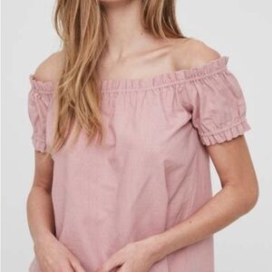 Vero Moda Pink Puff Sleeve Smocked Linen Blouse size Small short sleeves,‎ flowy